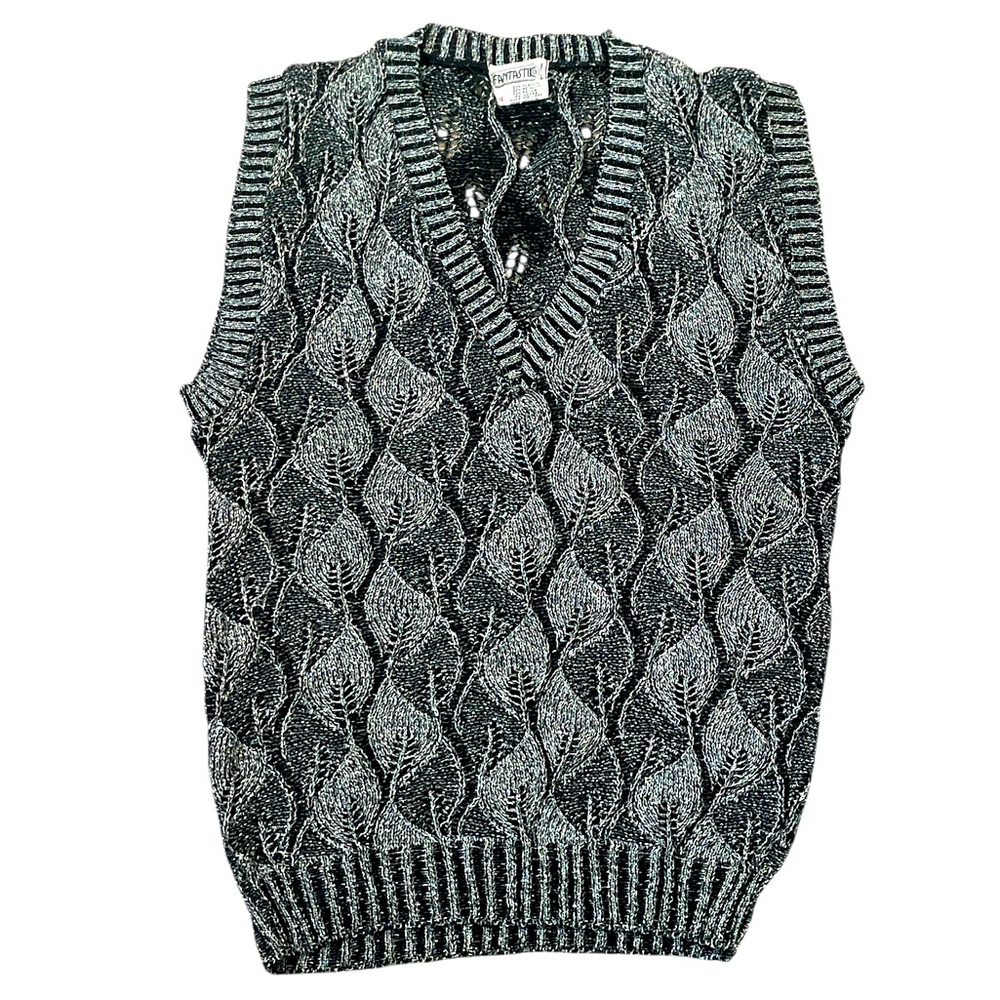 Vintage 70s Metallic Sweater Vest Leaf Motif Silver Black Size Medium